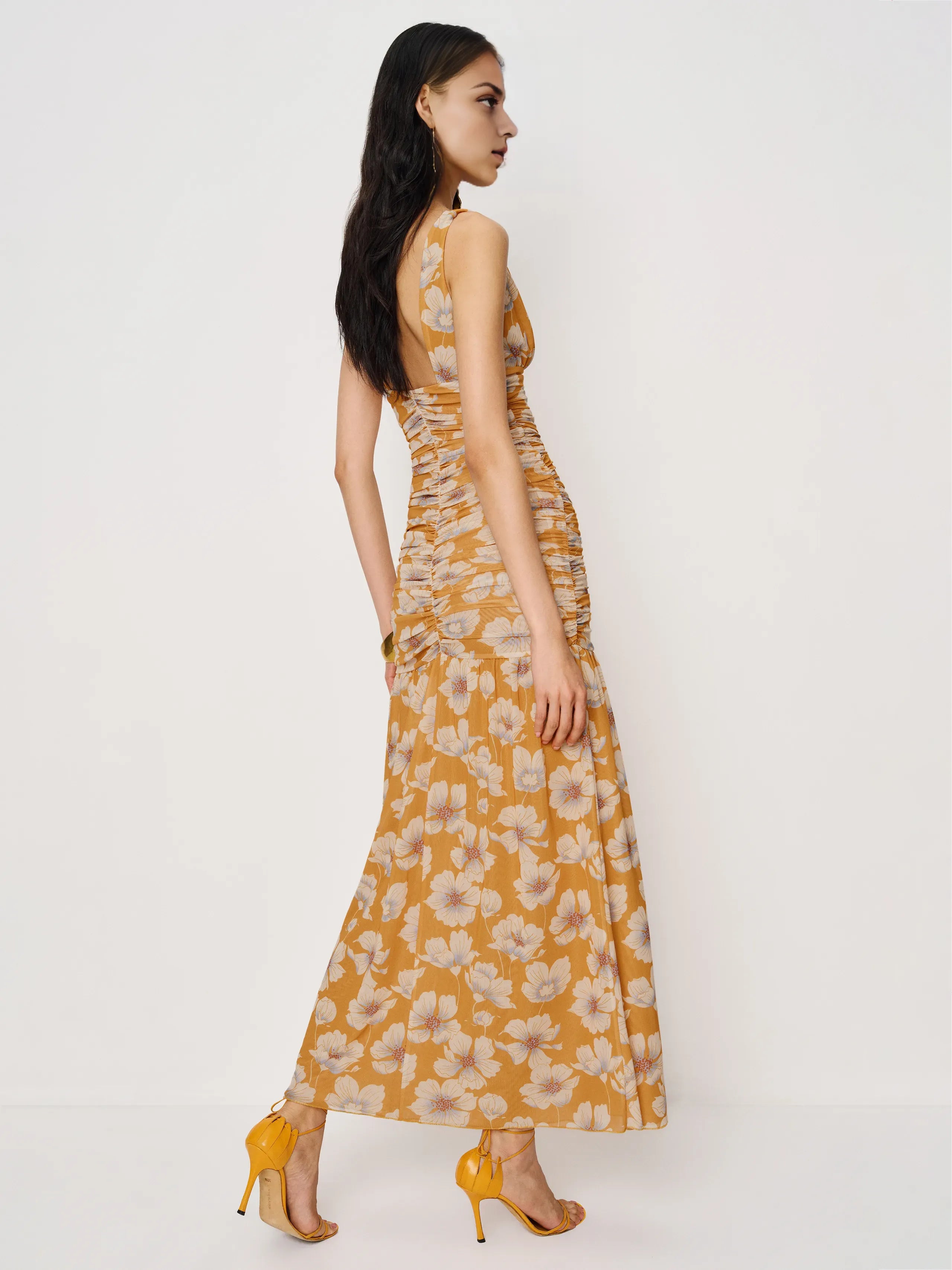 Weitese Dress Vintage Flower Printed V Neck Sleeveless Mermaid Prom Dress Maxi Dress Backless Evening Dress